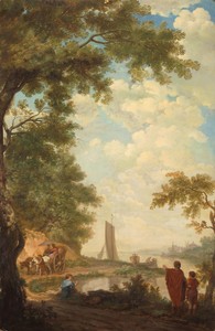 Arcadisch landschap met figuren bij een rivieroever
