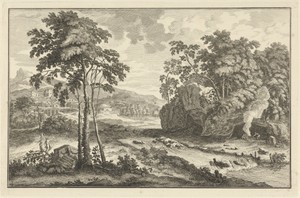 Arcadisch landschap met figuren op de oever van een rivier