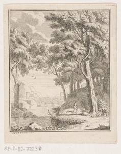 Arcadisch landschap met herder bij een rivier, in de verte een brug
