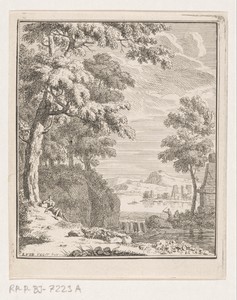 Arcadisch landschap met herder bij waterval
