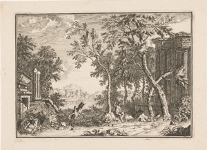 Arcadisch landschap met herder tussen ruïnen