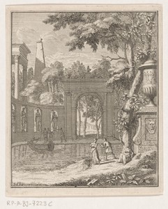 Arcadisch landschap met herders bij een beeldencolonnade