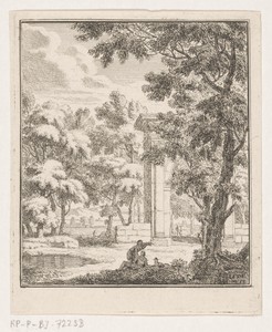 Arcadisch landschap met herders bij een stenen boog