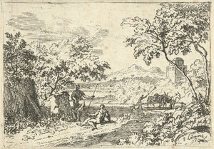 Arcadisch landschap met herders op een oever