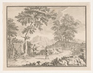 Arcadisch landschap met man die de weg wijst