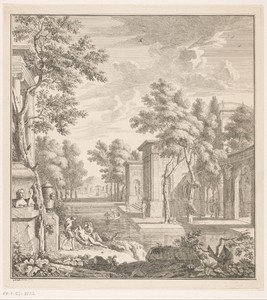 Arcadisch landschap met mannen en vrouwen bij een tempel