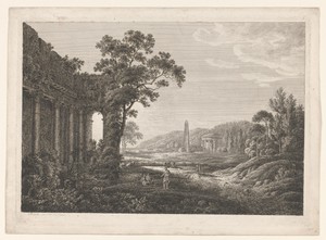 Arcadisch landschap met ruïnetempel, obelisk, figuren en koeien