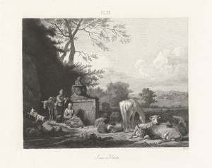 Arcadisch landschap met rustende herders en vee