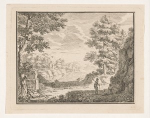 Arcadisch landschap met twee in de schaduw rustende reizigers