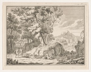 Arcadisch landschap met twee reizigers bij een waterval