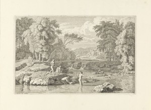 Arcadisch landschap met vier badende vrouwen