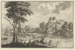 Arcadisch landschap met vijf badende vrouwen
