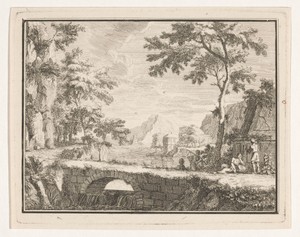 Arcadisch landschap met vissers bij een stenen brug