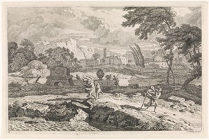 Arcadisch landschap met wandelaars in een storm