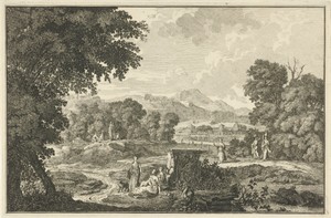 Arcadisch landschap met zes vrouwen bij een tombe