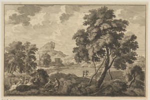 Arcadisch rivierlandschap met engel en tempel