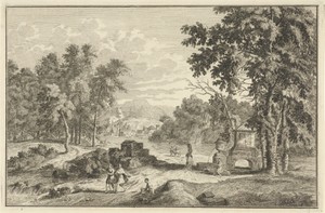 Arcadisch rivierlandschap met figuren bij een bron