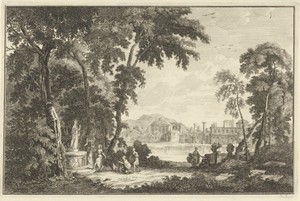 Arcadisch rivierlandschap met figuren die een beeld aanbidden