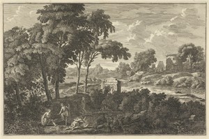 Arcadisch rivierlandschap met figuren die water halen