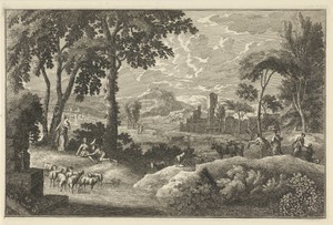 Arcadisch rivierlandschap met figuren en een kudde dieren