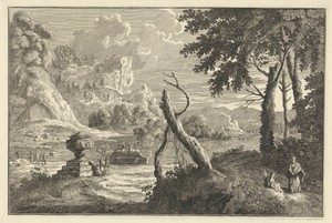 Arcadisch rivierlandschap met gebroken boom