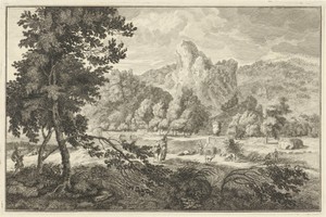 Arcadisch rivierlandschap met herders en twee vrouwen met was