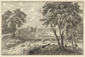 Arcadisch rivierlandschap met jacht op herten