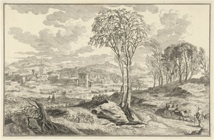 Arcadisch rivierlandschap met stad aan een rivier