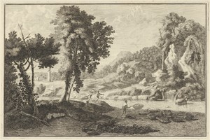 Arcadisch rivierlandschap met vissers
