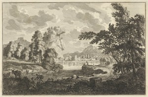 Arcadisch rivierlandschap met vissers, herders en ezels