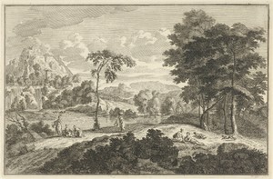 Arcadisch rivierlandschap met waterval en diverse figuurgroepen