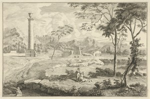 Arcadisch rivierlandschap met zuil