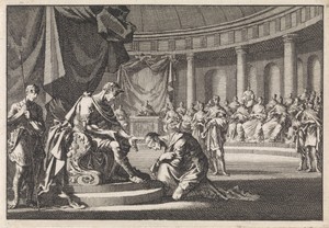 Archelaüs, zoon van Herodes, knielt te Rome voor keizer Augustus