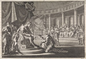 Archelaüs, zoon van Herodes, knielt te Rome voor keizer Augustus