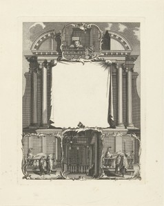 Architectonische gevel met illustraties van een synagoge-interieur
