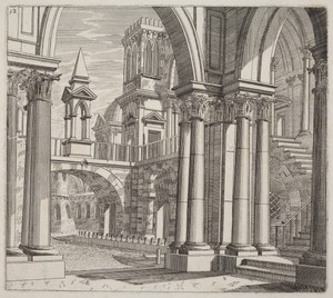 Architectural Fantasy with Buildings, Stairways, and Portals beside a Canal
