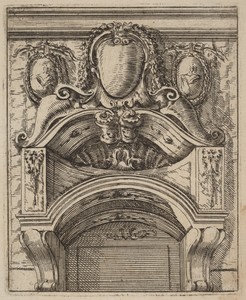 Architectural Motif with Three Shields, Two with Figures