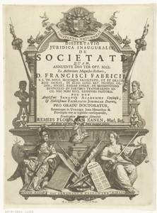 Architecturale omlijsting met buste van keizer Justinianus en Minerva en personificatie van gerechtigheid