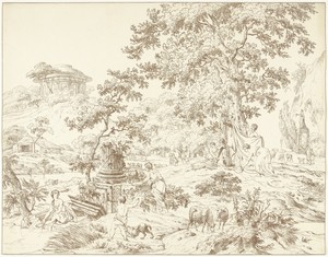 Arkadisch landschap met voetbadende vrouw