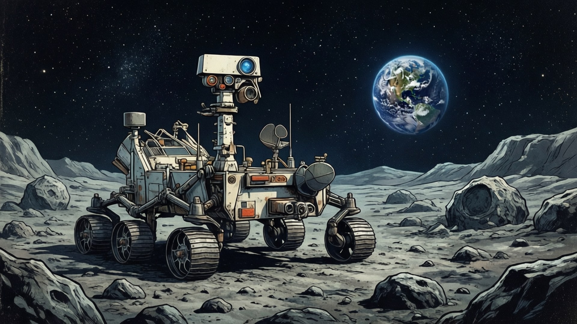 Asteroid Field Retro Rover by Wallpapers.art Studio