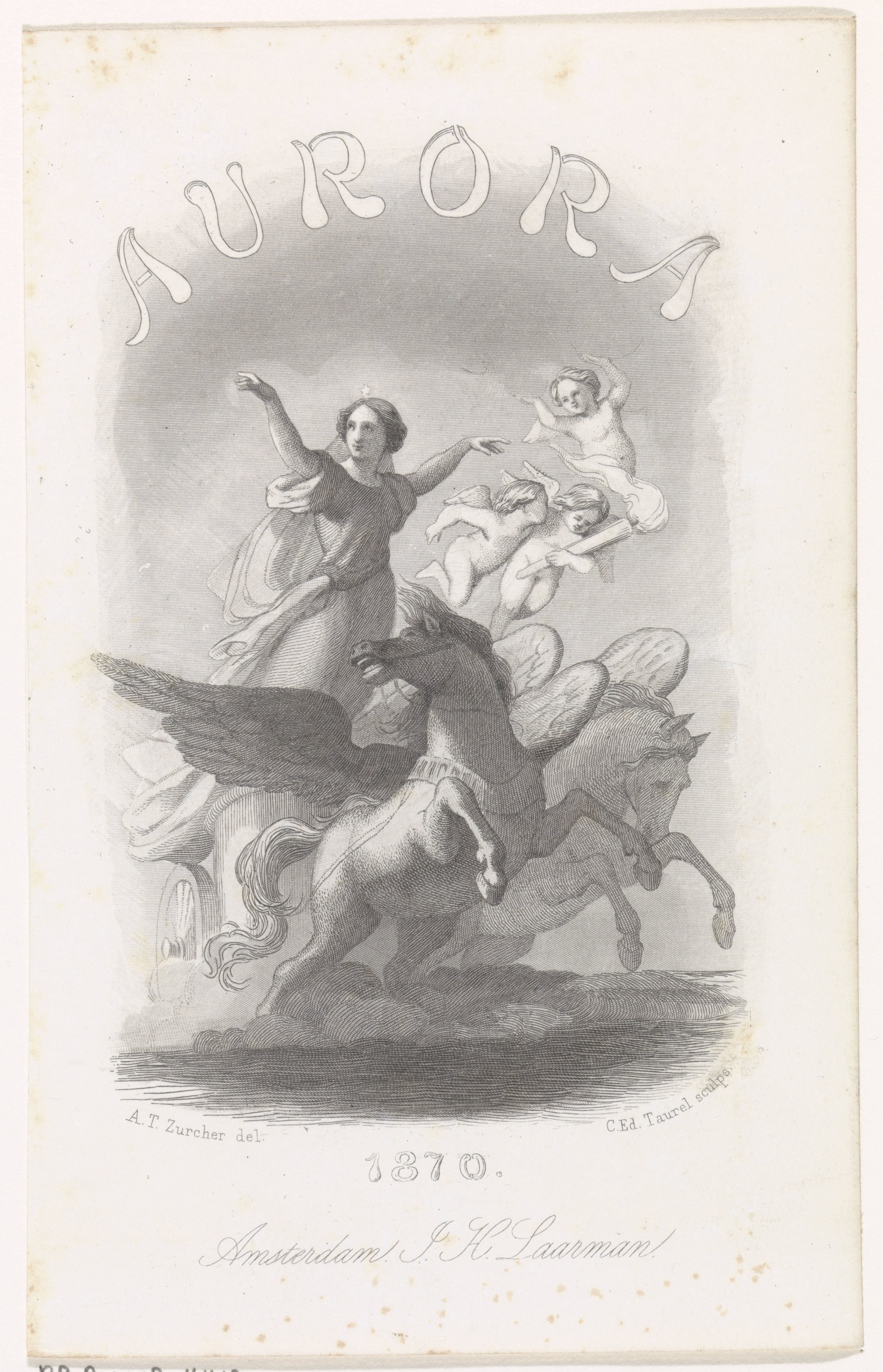 Aurora op een door twee gevleugelde paarden getrokken wagen by Edouard Taurel