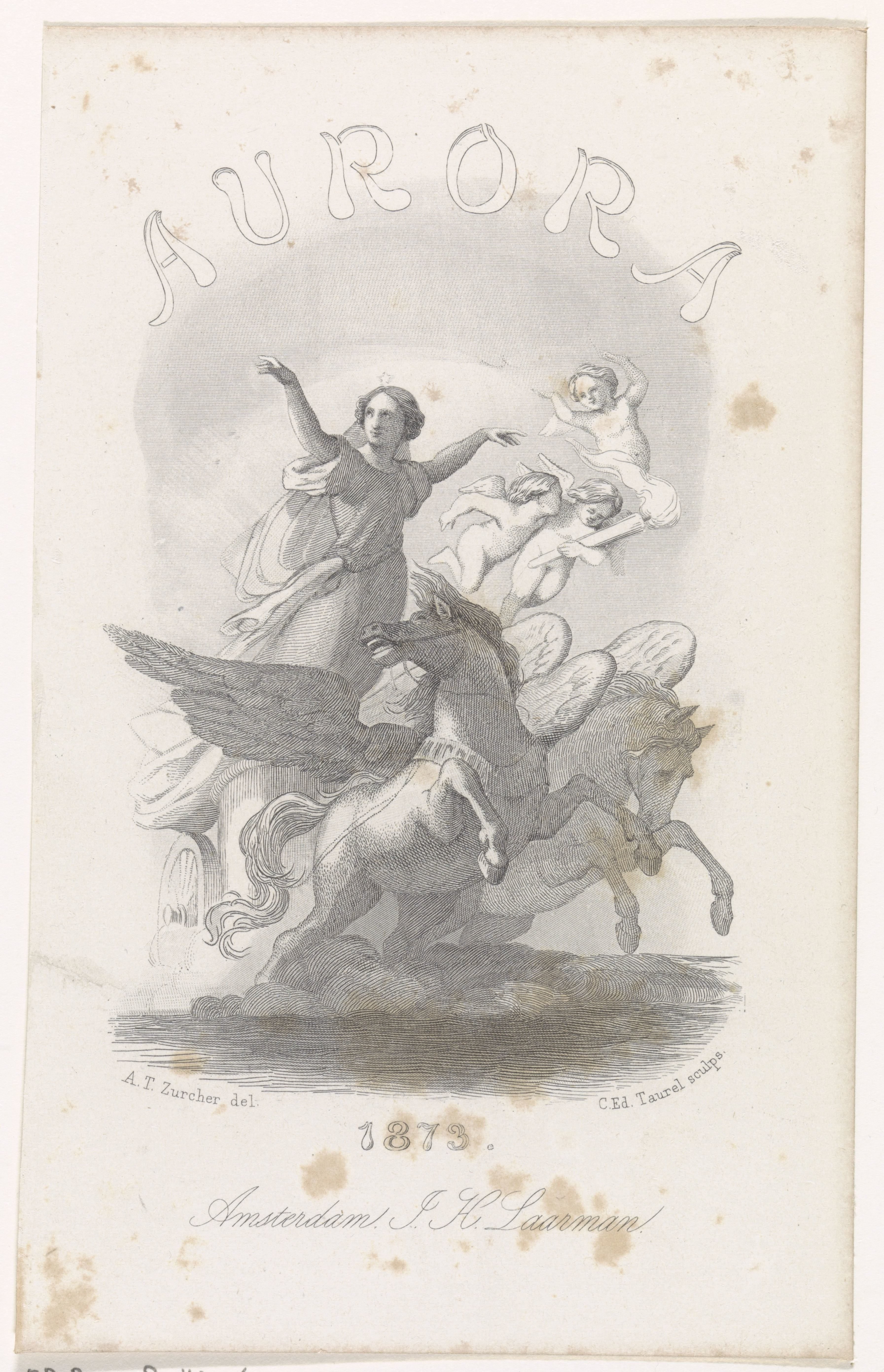 Aurora op een door twee gevleugelde paarden getrokken wagen by Edouard Taurel