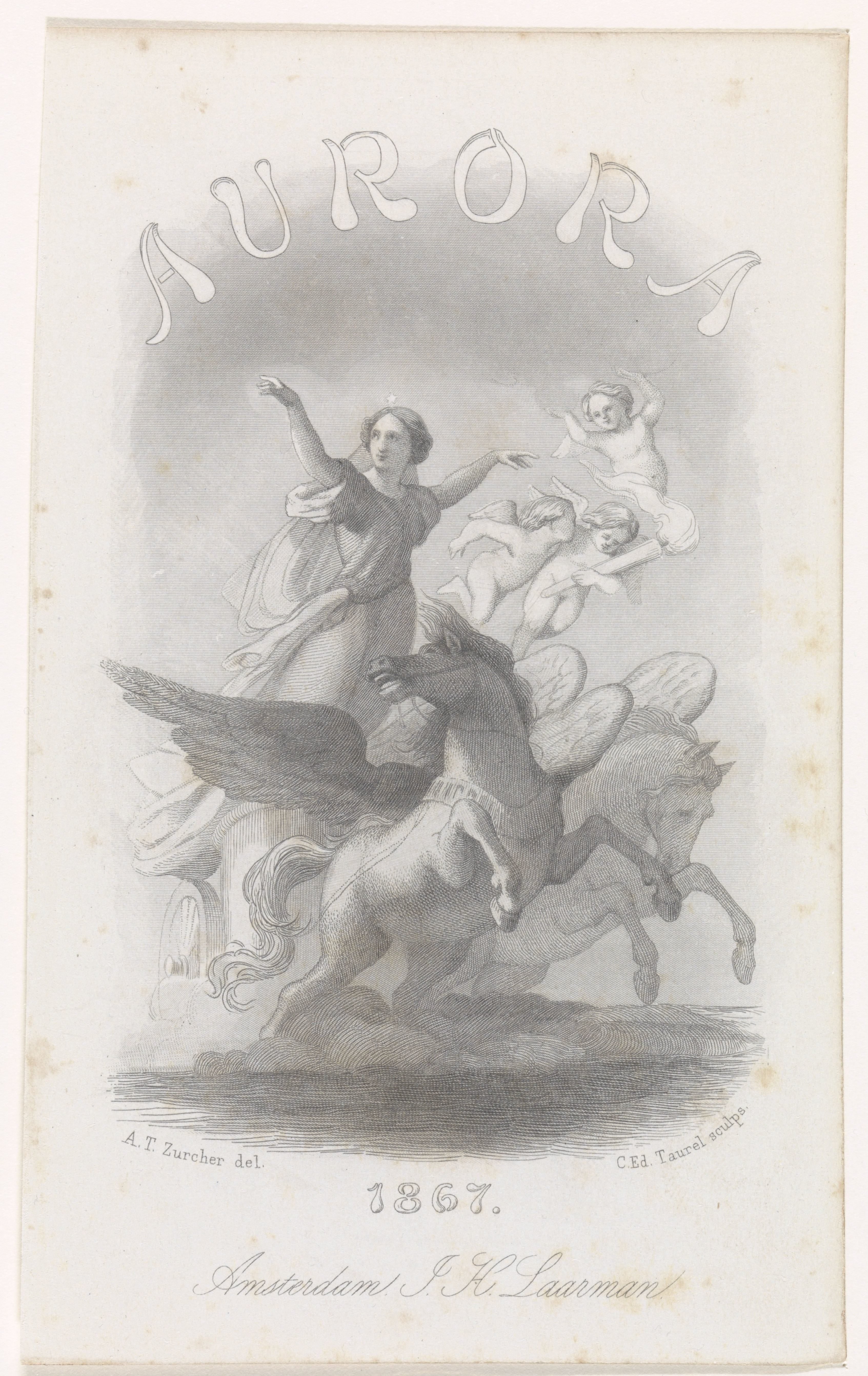 Aurora op een door twee gevleugelde paarden getrokken wagen by Edouard Taurel