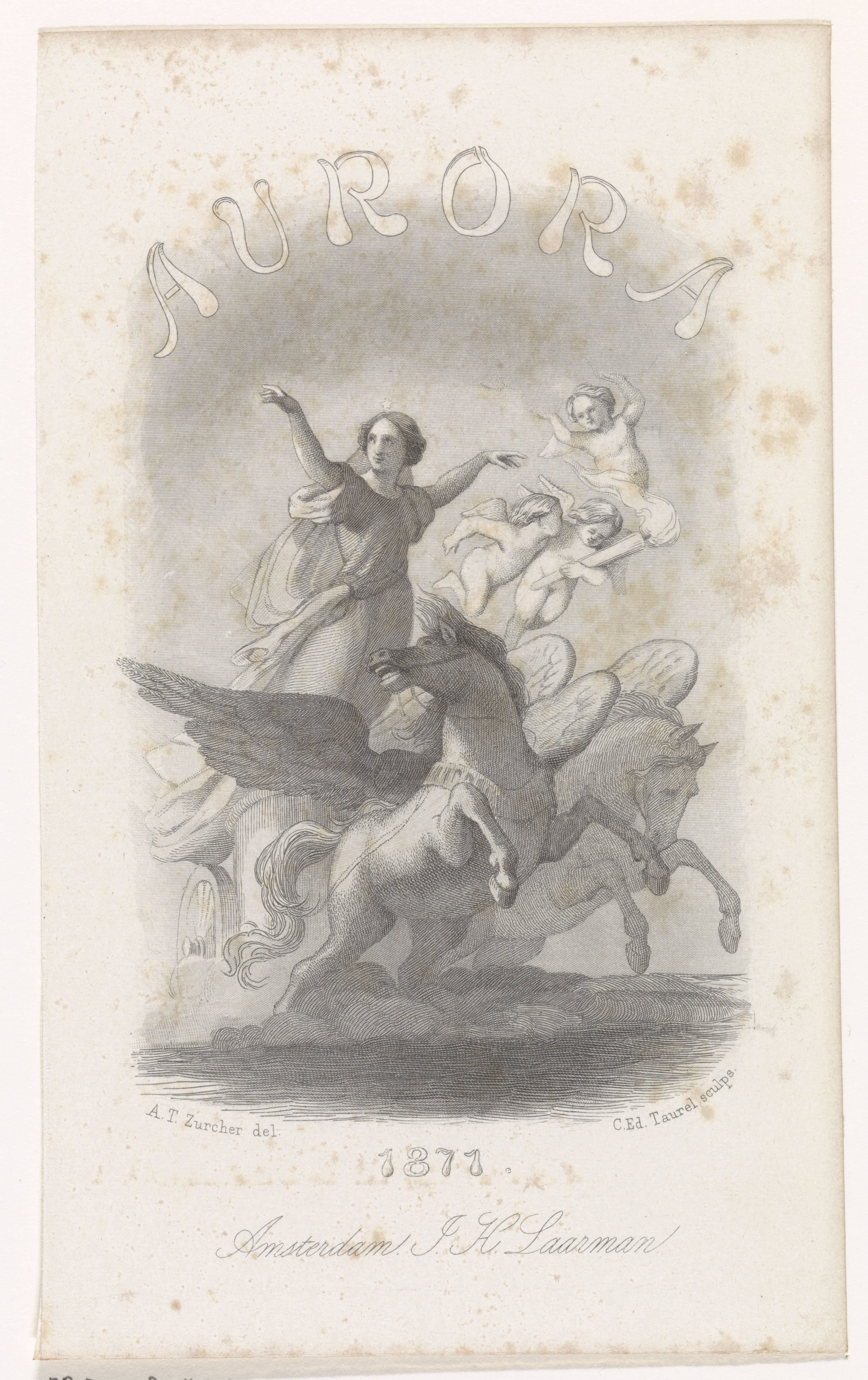 Aurora op een door twee gevleugelde paarden getrokken wagen by Edouard Taurel