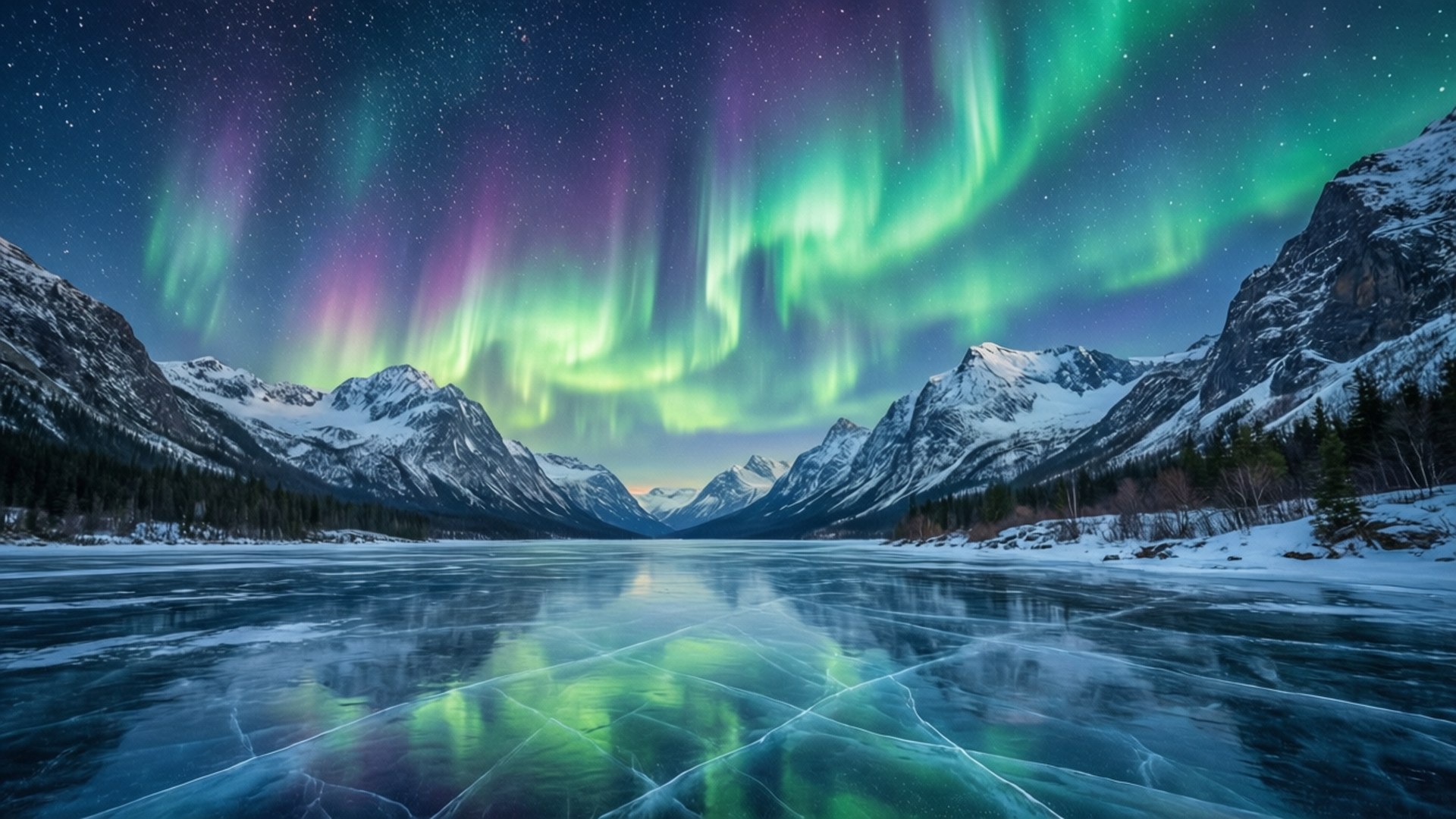 Aurora Over Snowy Peaks by Wallpapers.art Studio