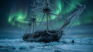 Aurora Over Trapped Ship