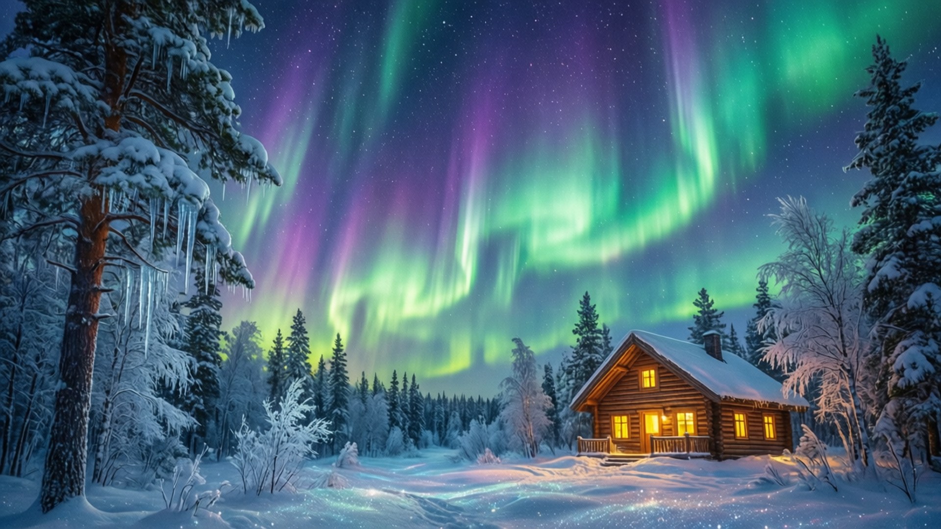 Aurora Winter Cabin by Wallpapers.art Studio