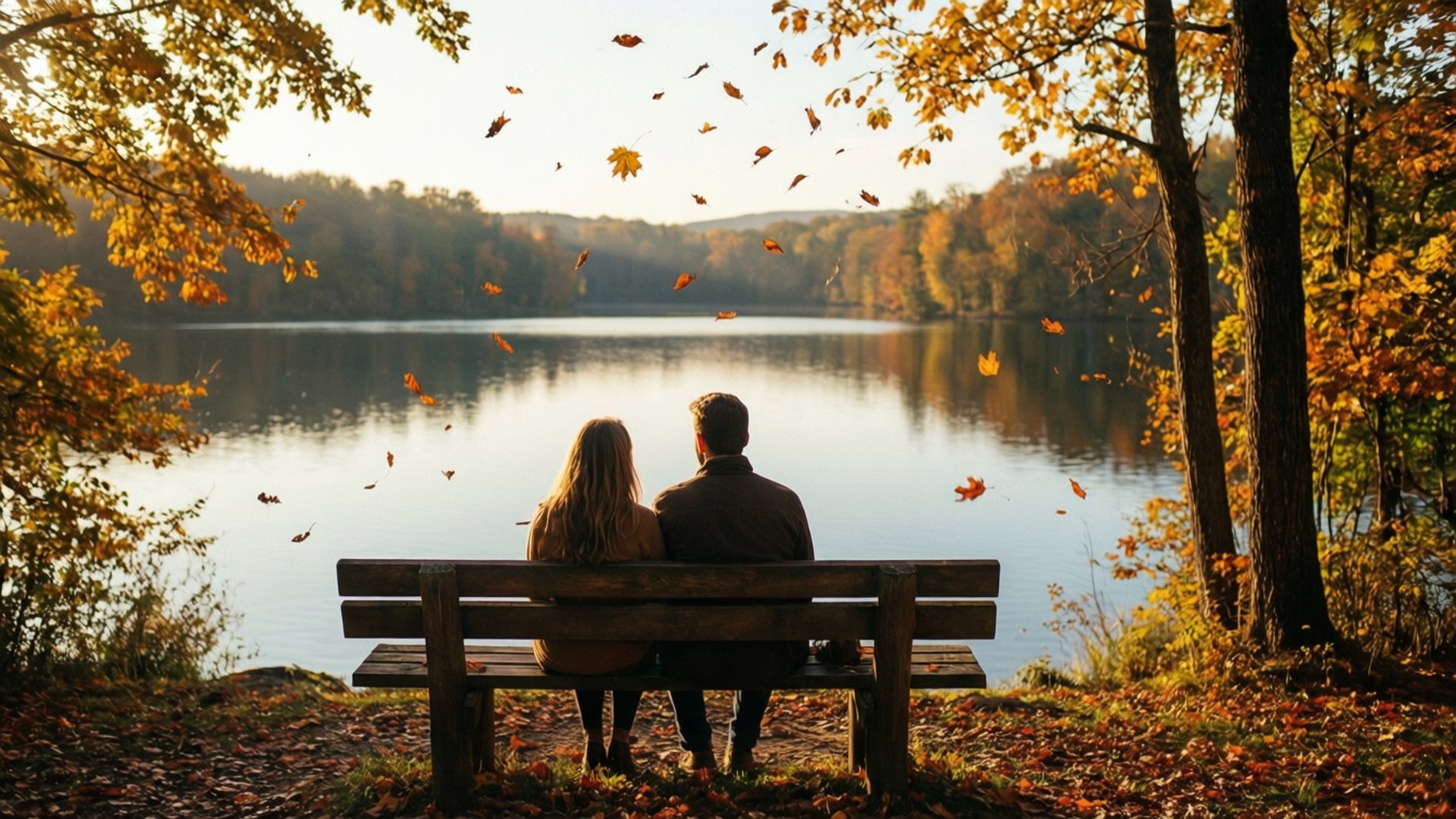 Autumn Bench by the Lake by Wallpapers.art Studio