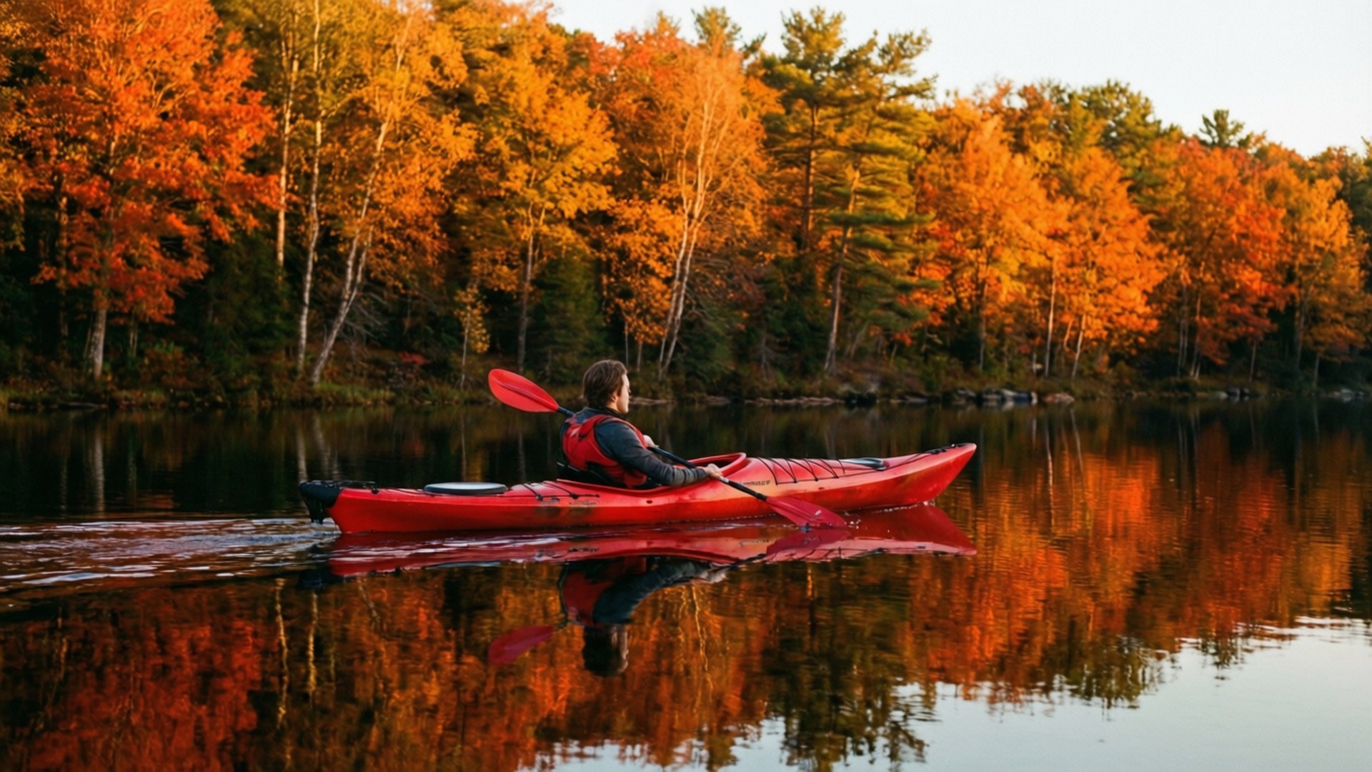 Autumn Lake Kayak Glow by Wallpapers.art Studio