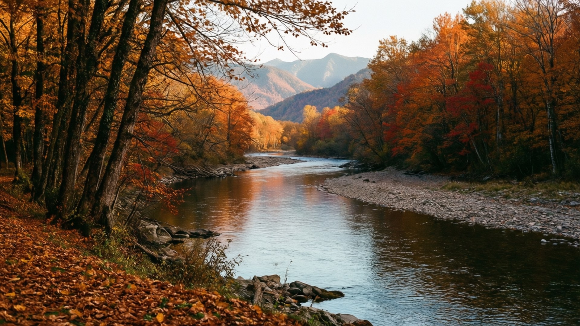 Autumn River Valley by Wallpapers.art Studio